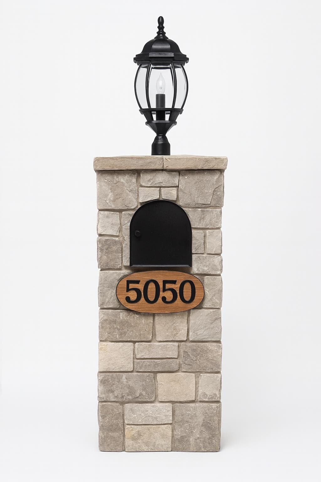 Fieldstone mailbox column with lantern