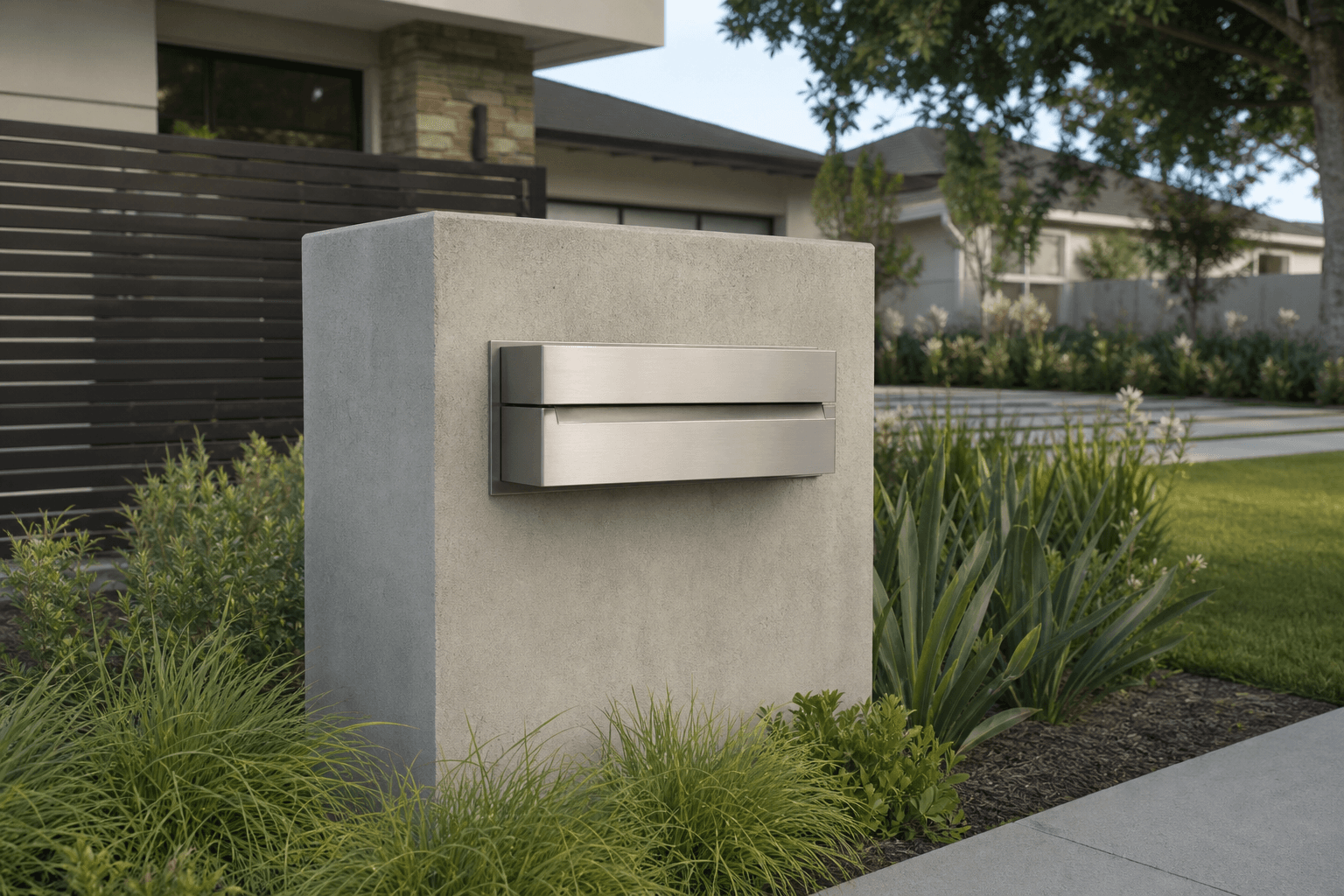 Design prototype — horizontal stainless steel mailbox on concrete pillar